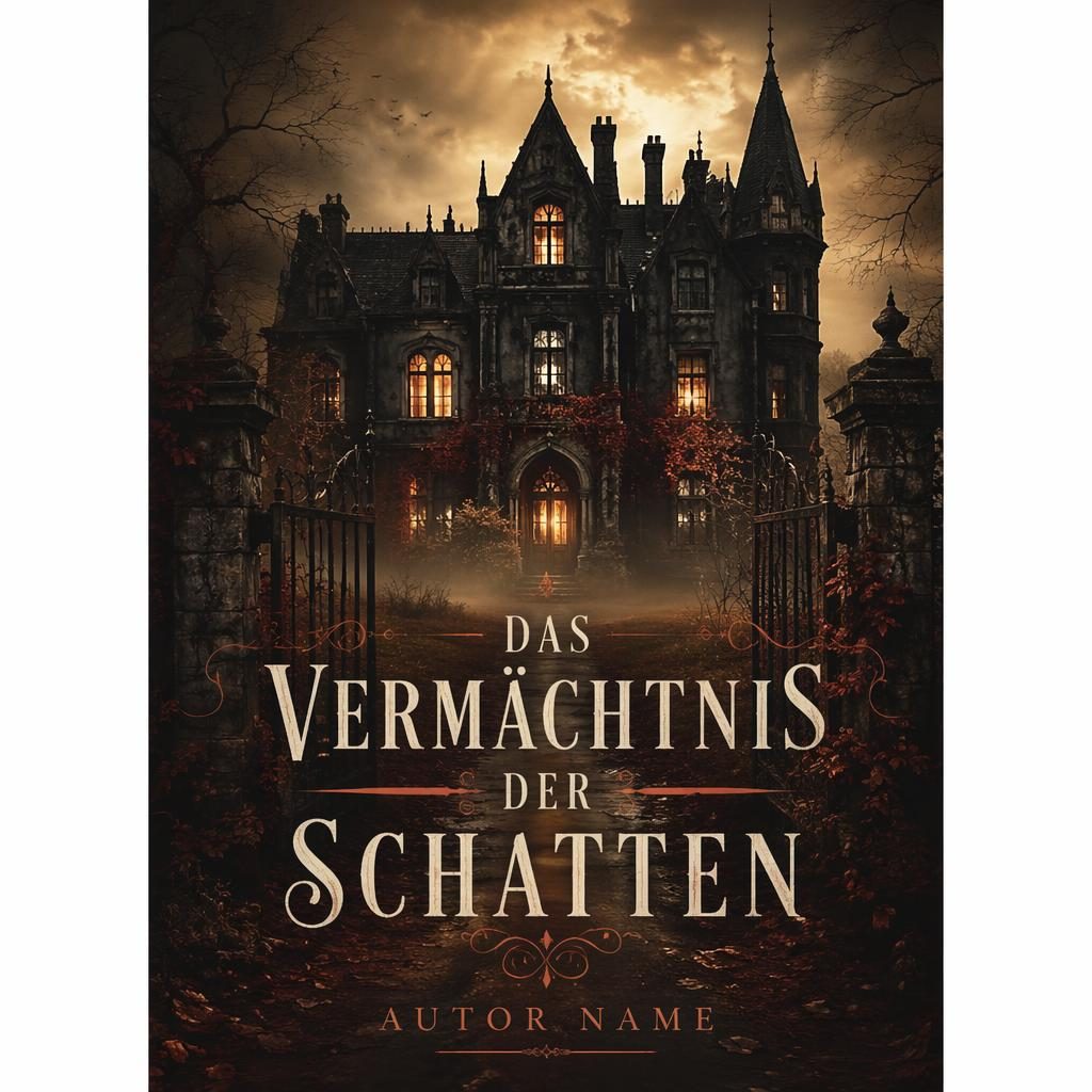 Fotorealistisches Buchcover mit düsterem gotischem Herrenhaus, warmen Creme- und Rosttönen und klaren Platzhaltern für Titel und Autor.