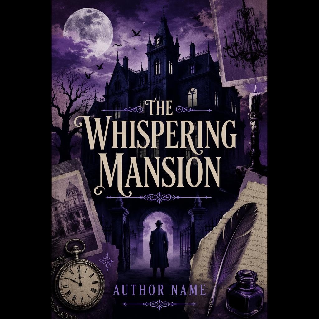 Historical fiction book cover with a gothic mansion collage in royal purple, whimsical mood, and sharp title placeholder text.