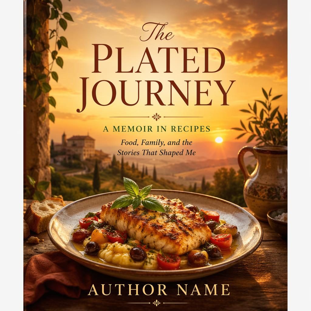 Painterly book cover with a plated dish hero, warm sunset tones, epic memoir mood, and clean title and author text.