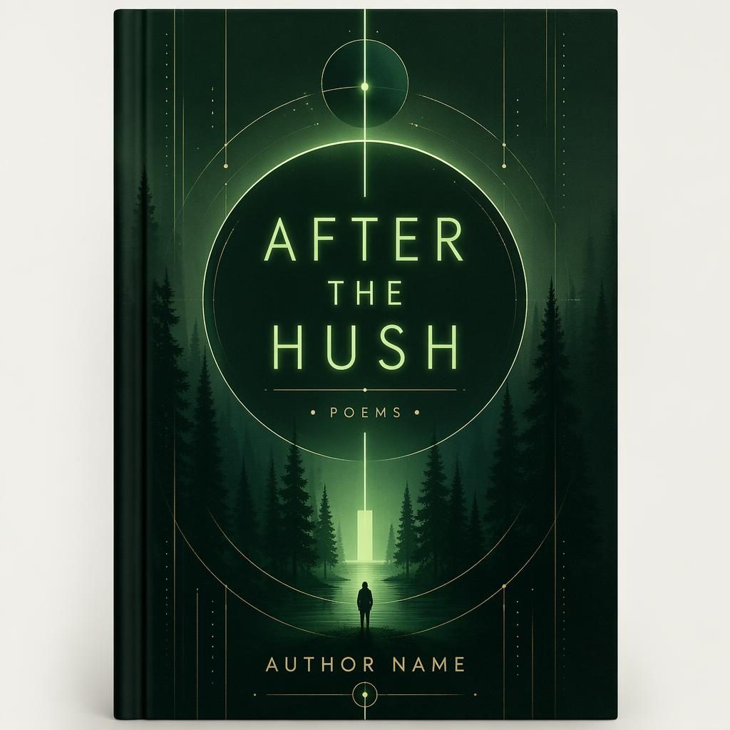 Print-ready YA dystopian poetry book cover with bold geometric shapes, deep green forest tones, and clean placeholder text