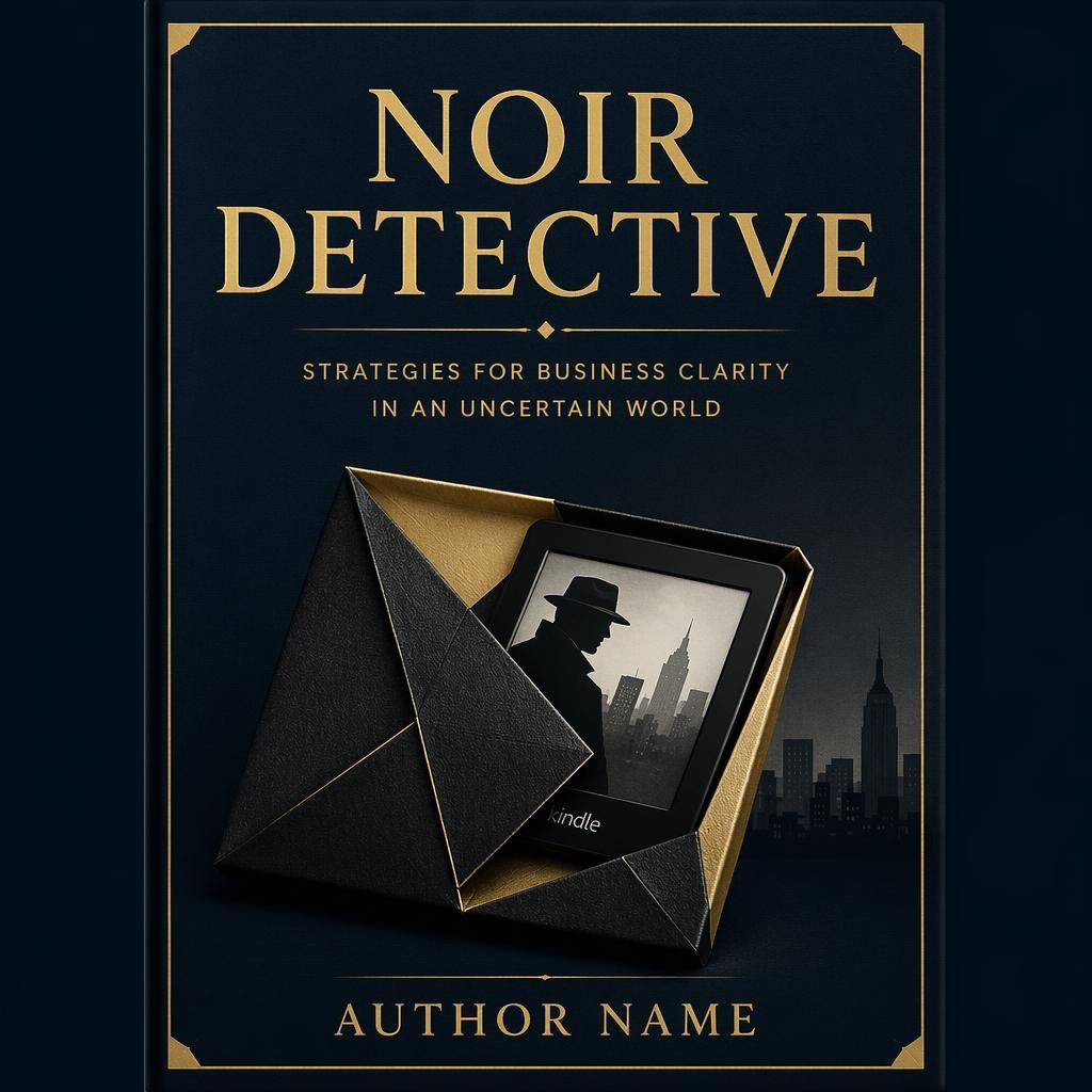 Minimalist noir detective book cover in black, white, muted navy, and gold with clean title and author placeholders.