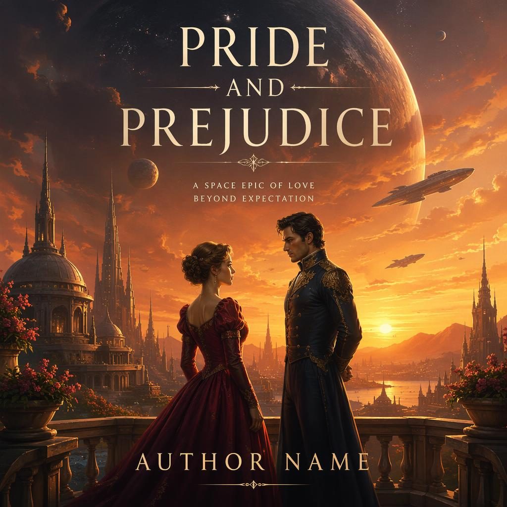 Painterly sci-fi romance book cover with a glowing sunset sky, space backdrop, epic atmosphere, and clean title text.