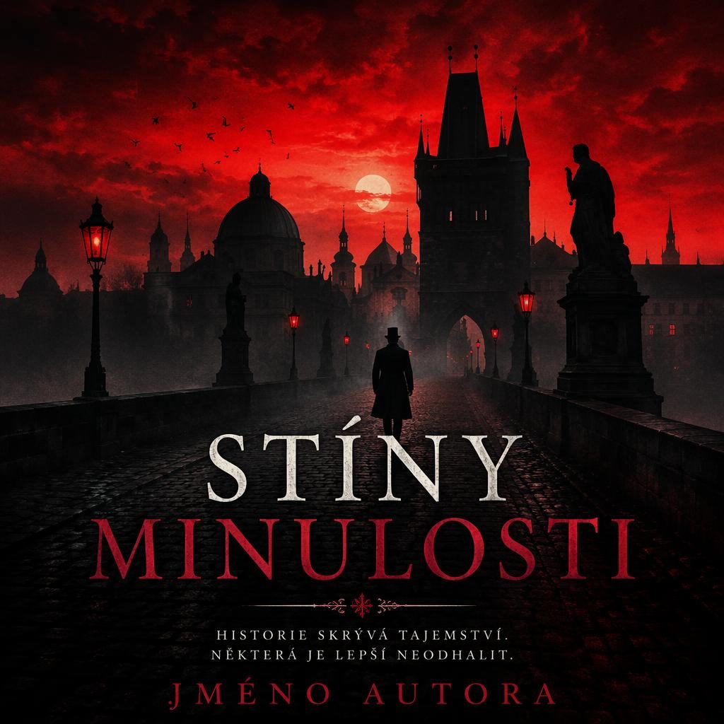 Temná ilustrovaná knižní obálka s černou siluetou města, červeno-černou paletou a zástupným názvem i autorem.