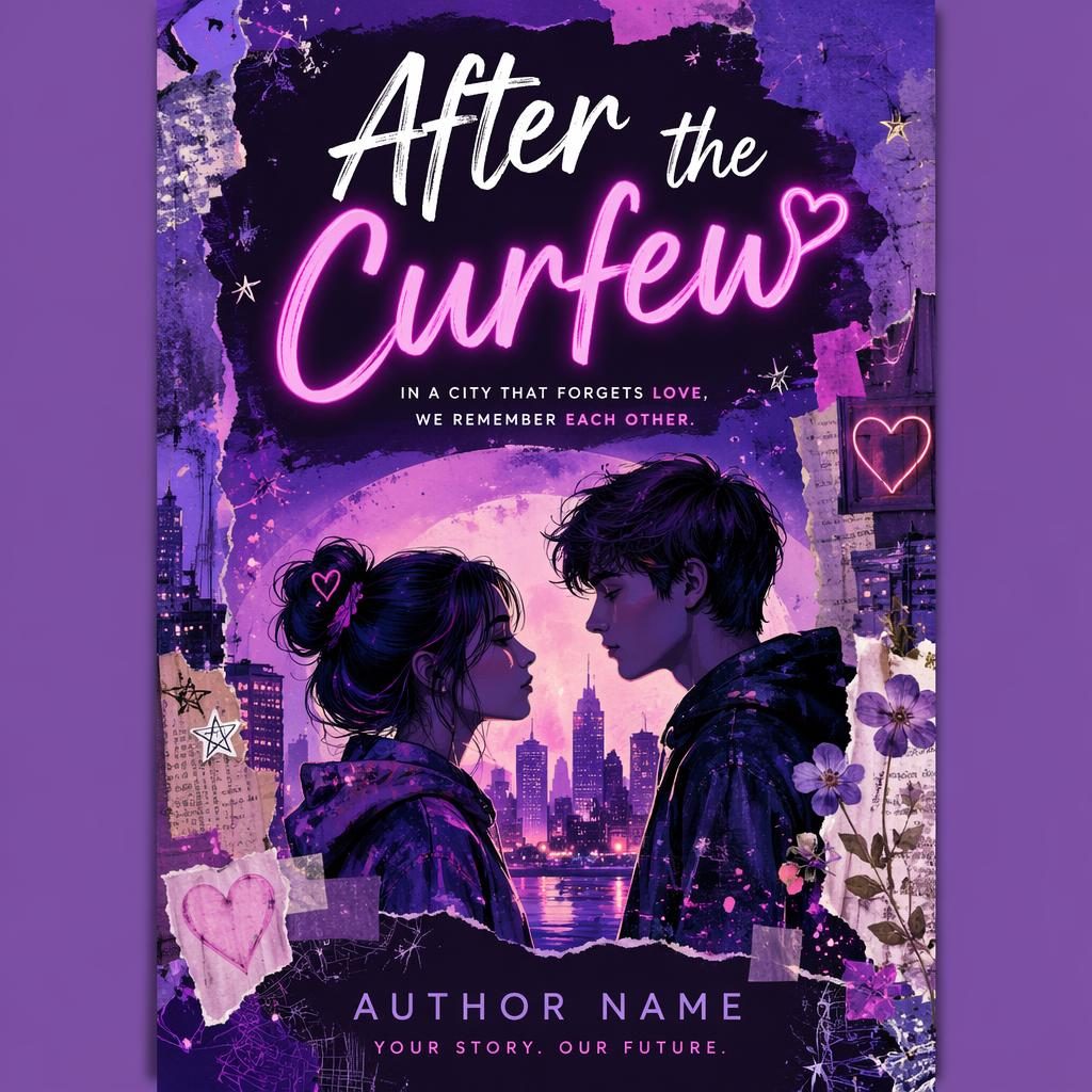 Neon purple collage-style children's book cover with playful dystopian city elements and clean title placeholder text