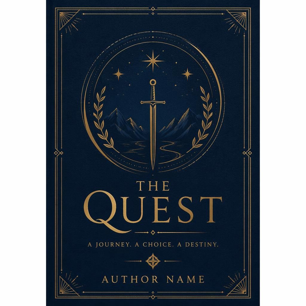 Minimalist high fantasy romance book cover in muted navy and gold with symbolic quest motif and clean title placeholder.