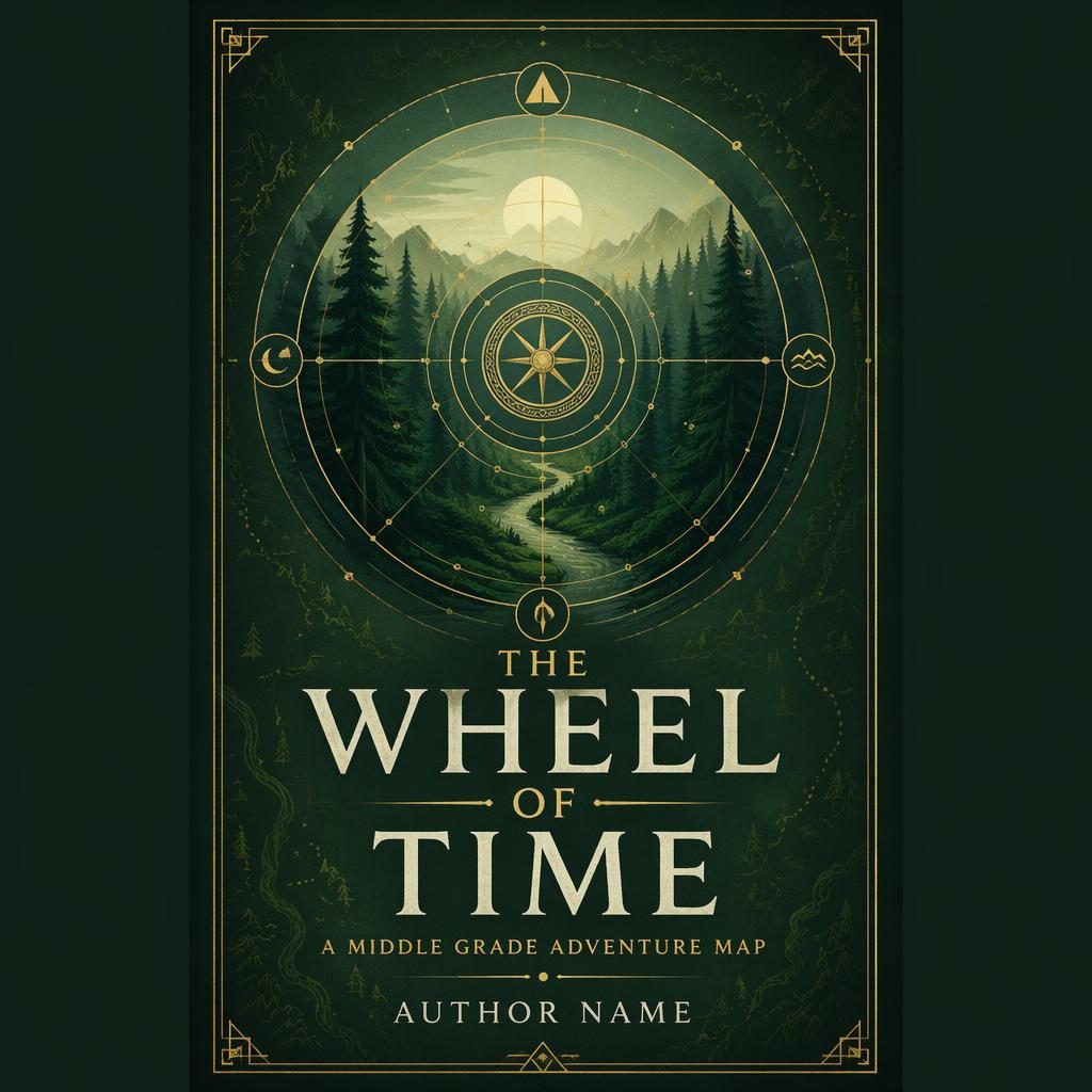 Geometric middle grade book cover with adventure map motifs, deep green forest palette, quiet mood, and clean title text