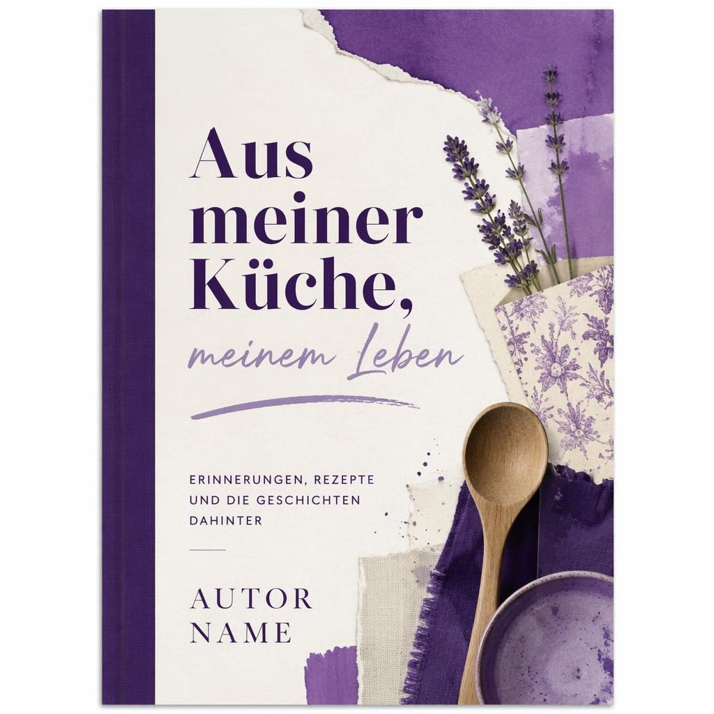 Printreifes Kochbuch-Cover im 5:8-Format mit royalvioletter Collage, minimalistischer Typografie und Platzhaltertext