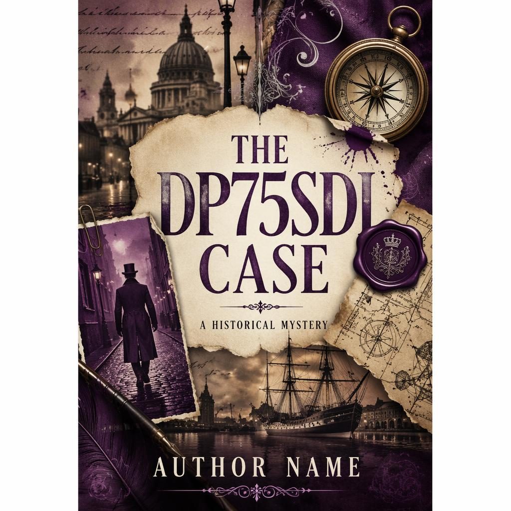 Sepia historical fiction book cover collage in royal purple, whimsical mystery style with sharp title and author placeholders.