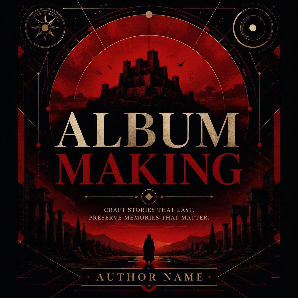 Dark illustrated book cover with bold geometric shapes in black and red, mysterious historical fiction mood, sharp title and author placeholders.