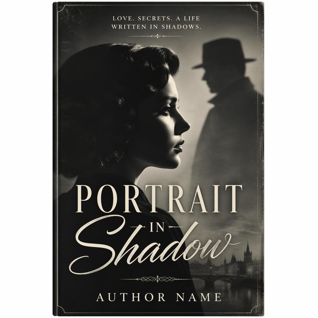Monochrome vintage-style thriller book cover with a shadowed biography portrait, soft romantic mood, and clean title text.