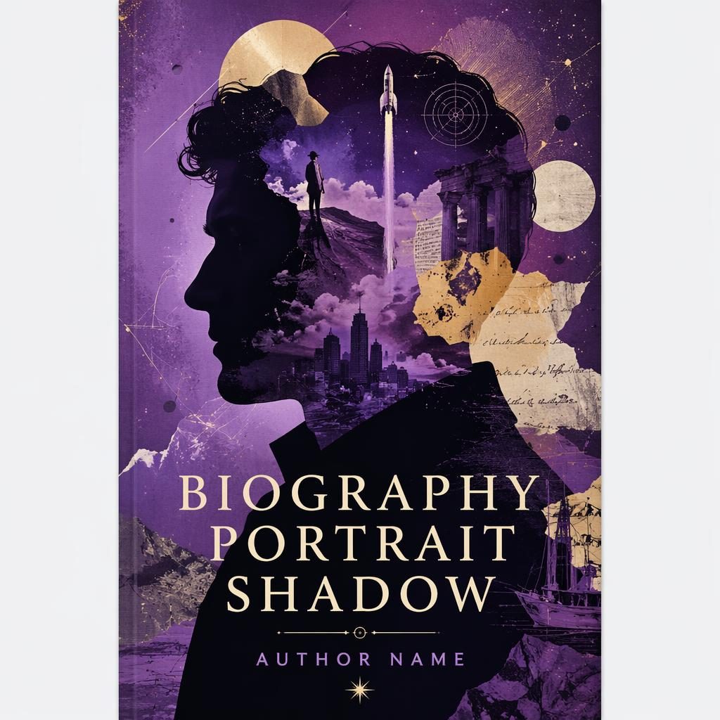 Sci-fi biography book cover with portrait shadow collage, royal purple palette, whimsical mixed media, clean title text