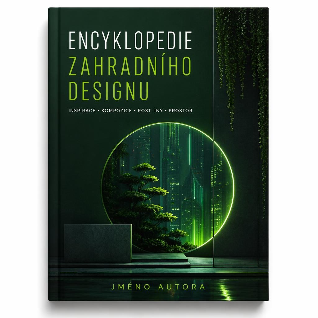 Kyberpunková obálka knihy v hluboké lesní zelené s neonovými geometrickými prvky a čitelným zástupným názvem.