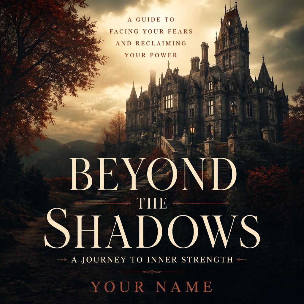 Photographic self-help book cover showing a gothic mansion in warm cream and rust tones with clean title and author placeholder text.