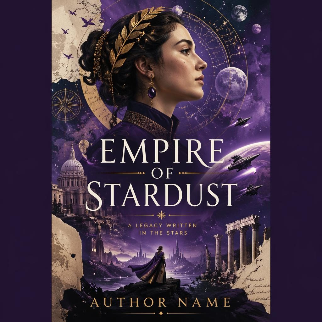 5:8 portrait sci-fi book cover in royal purple collage style with playful space imagery and clean title placeholder text