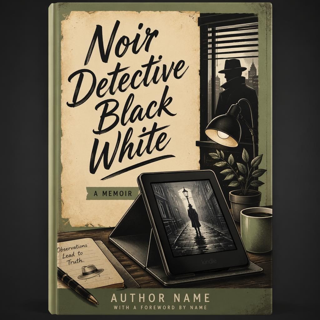 Portrait book cover with noir black-and-white detective mood, sage and parchment tones, and hand-lettered title text.