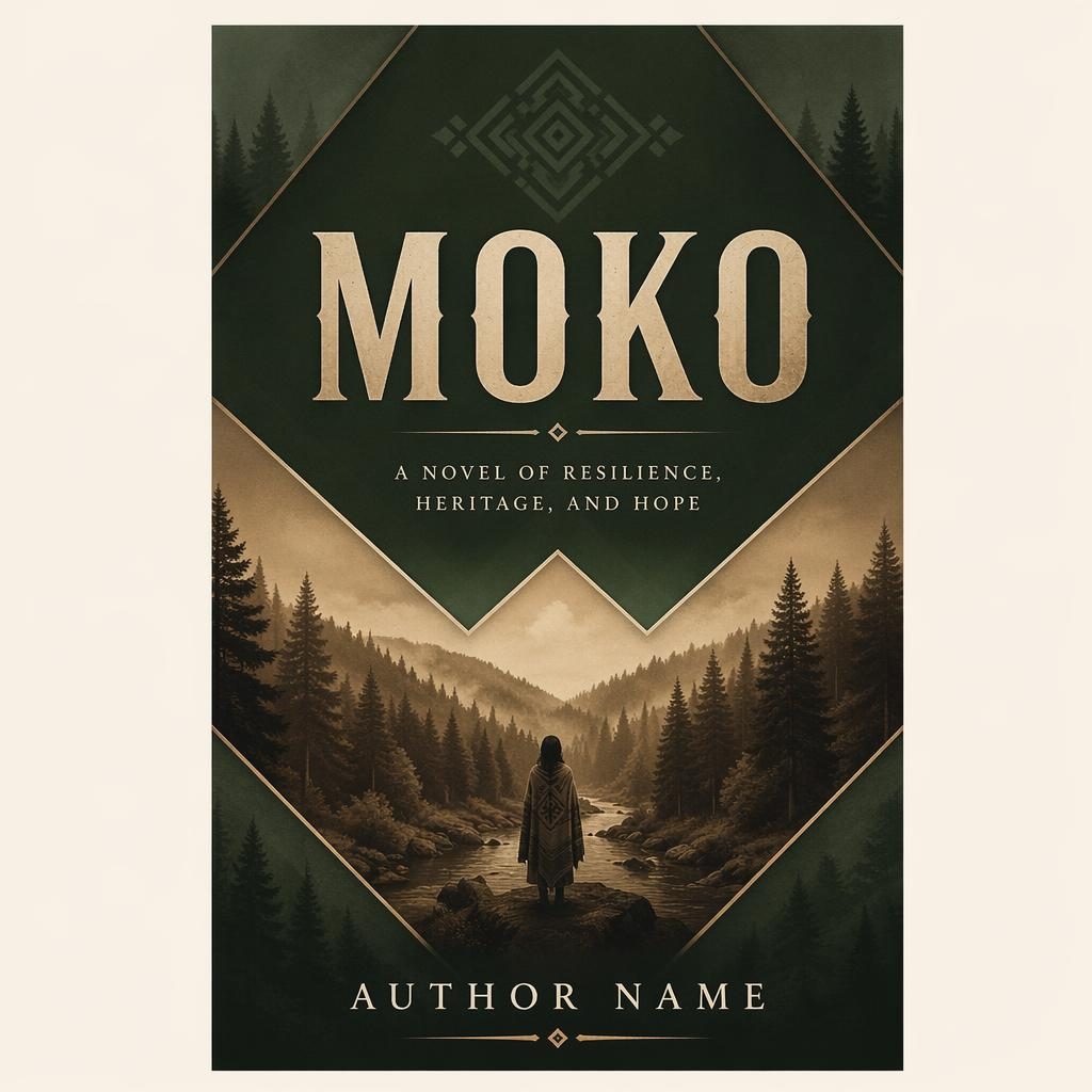 Sepia-toned historical fiction book cover with bold geometric layout, deep forest green accents, and clean title placeholder text.