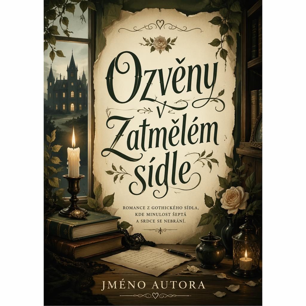 Obálka knihy s gotickým sídlem, teplou útulnou atmosférou, paletou šalvěje a pergamenu a ruční typografií.