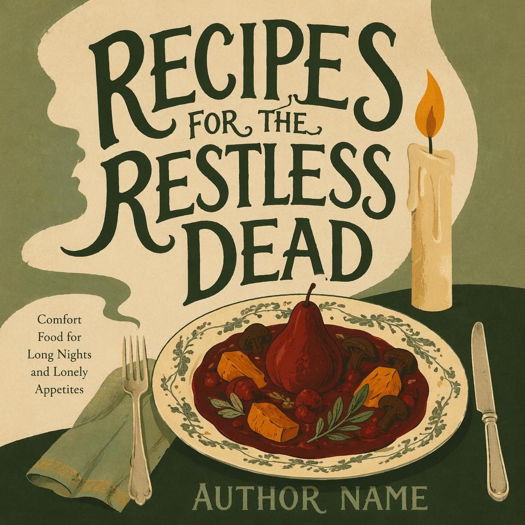 Portrait horror cookbook cover with plated dish hero, hand-lettered typography, warm sage and parchment palette