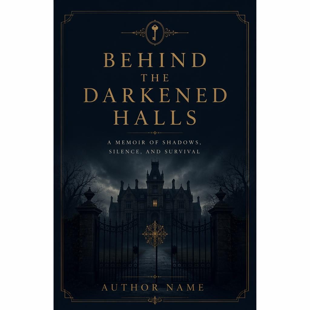 Minimalist book cover with a gothic mansion silhouette in muted navy and gold, memoir typography, 5:8 portrait layout.