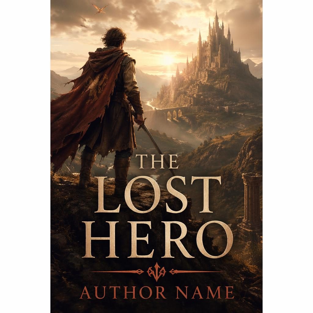 Photographic high fantasy quest book cover in warm cream and rust tones with atmospheric landscape and clean title text.