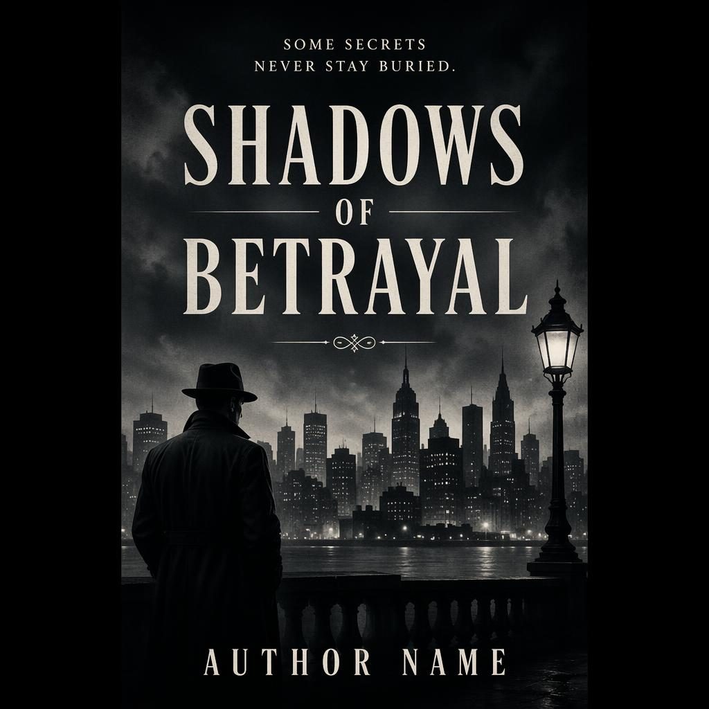 Monochrome thriller book cover with dark city silhouette, soft romantic mood, vintage retro style, and sharp placeholder text.