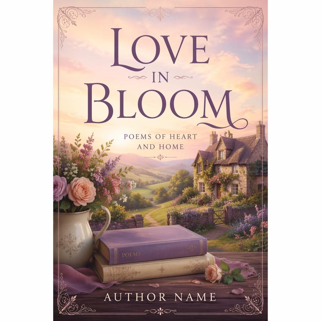 Pastel countryside romance poetry book cover with soft hills, floral details, and clean title and author placeholder text.