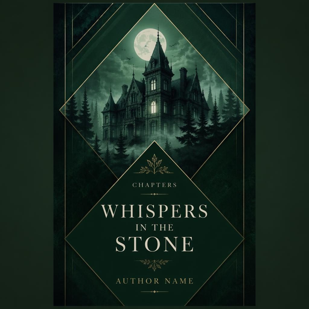 Print-ready 5:8 book cover with a gothic mansion in deep green forest tones, bold geometric layout, and clean title text.