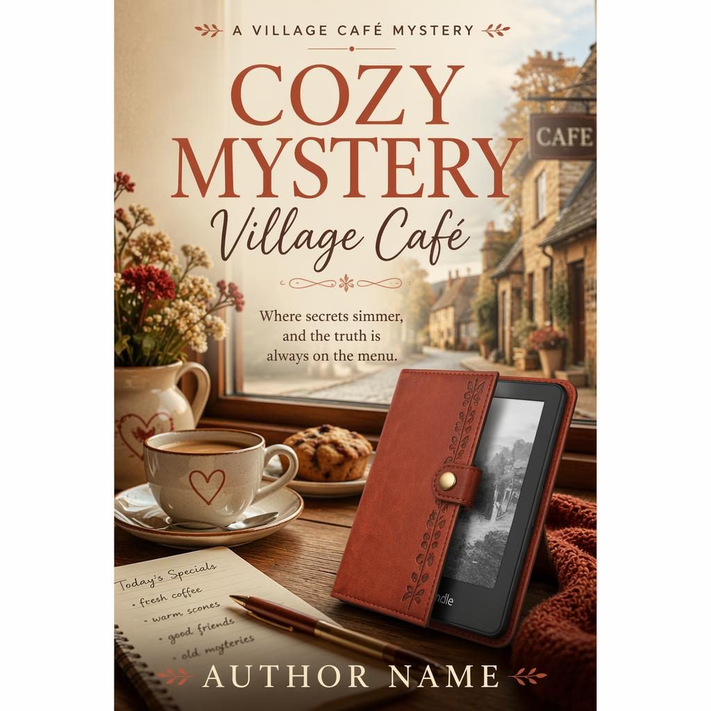 Photographic book cover showing a cozy village cafe in warm cream and rust tones with clean title and author placeholder text.