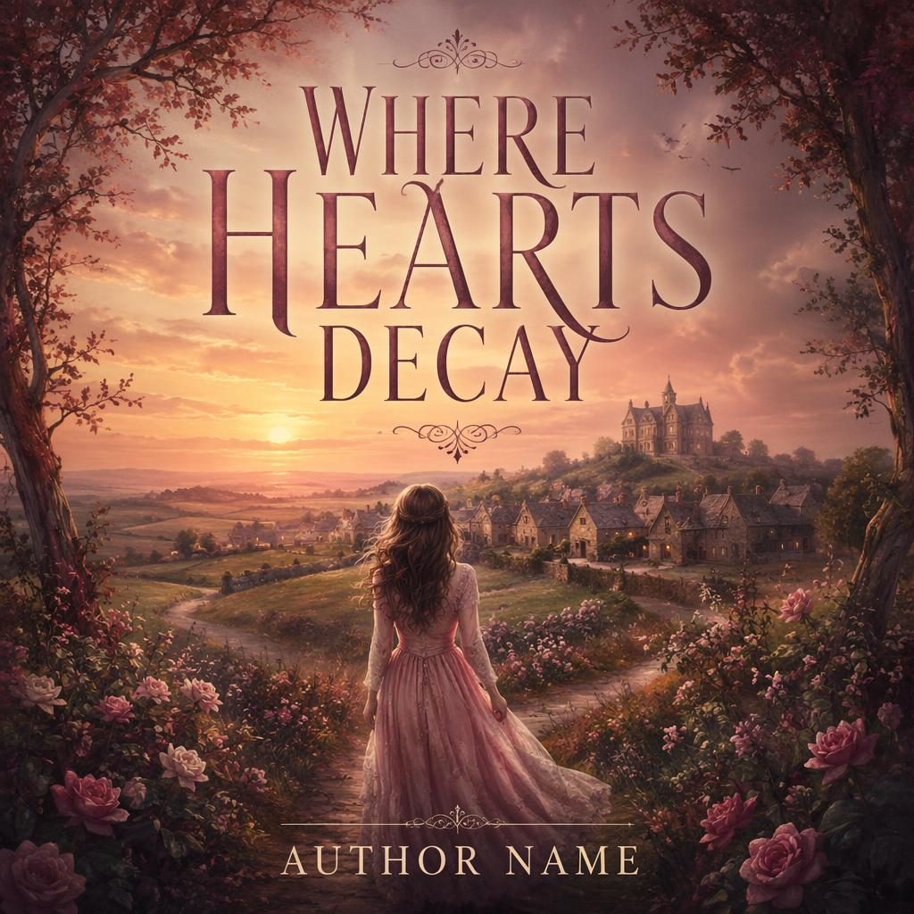 Painterly horror romance book cover with a pastel countryside at warm sunset, epic mood, and clean title placeholder text.