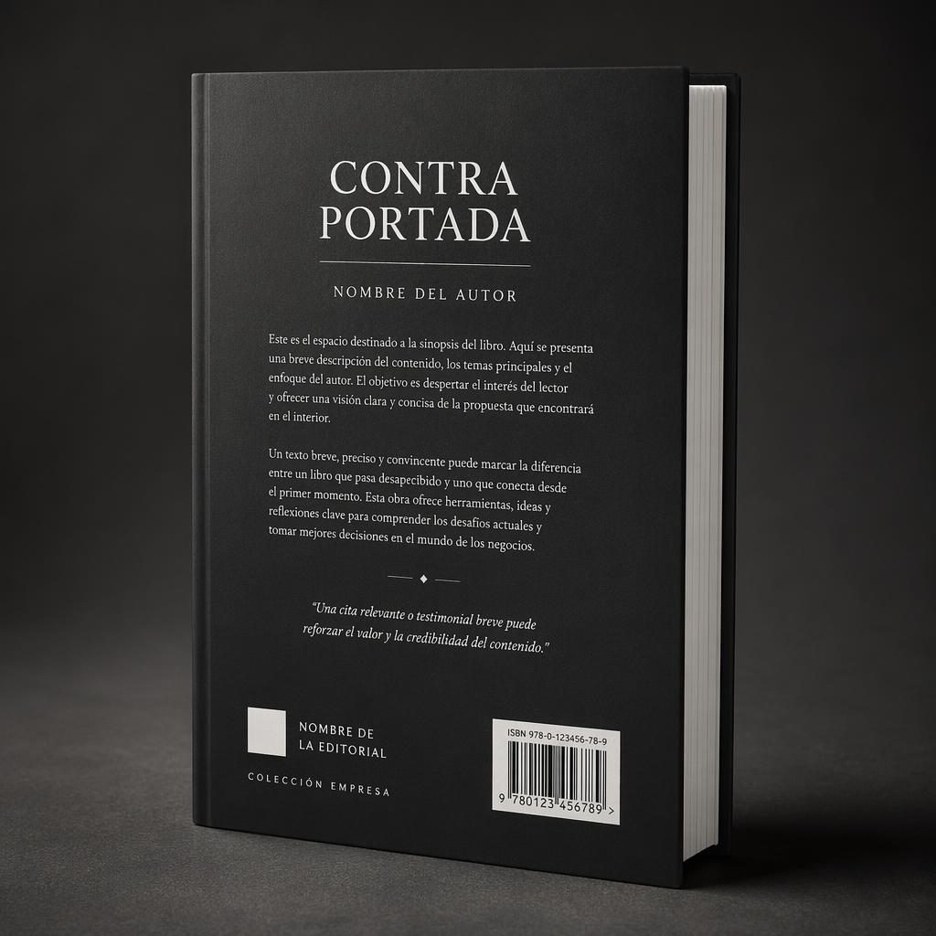 Libro moderno en ángulo trasero tres cuartos con contra portada visible, bloques de texto, área de código de barras y marca