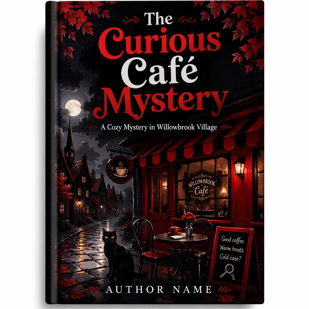 Illustrated children's picture book cover showing a moody village cafe in black and red with clean title and author text.