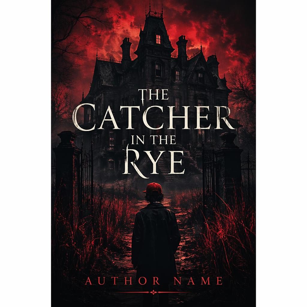 Illustrated gothic mansion book cover in black and red with eerie lighting, mystery thriller mood, and clean placeholder text