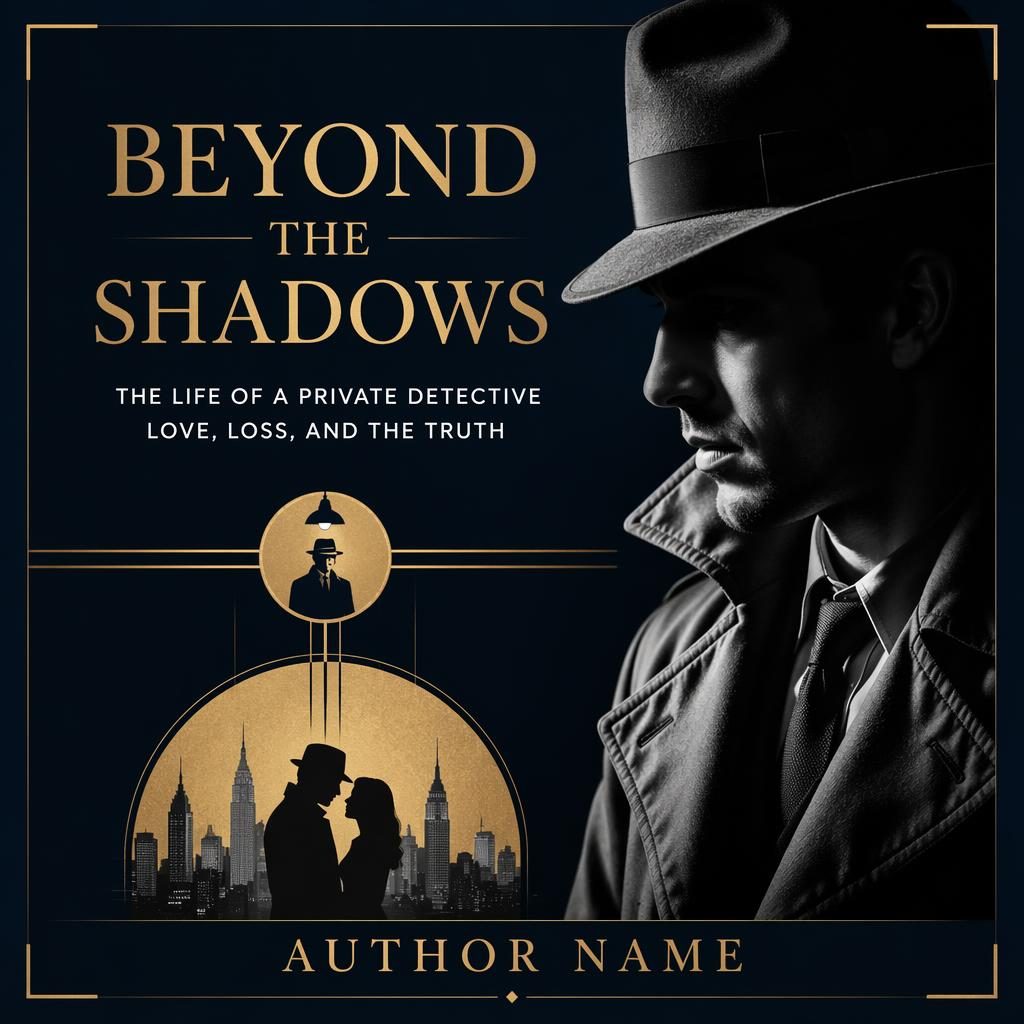 Minimalist noir detective book cover in muted navy and gold with symbolic romance elements, sharp title and author text.