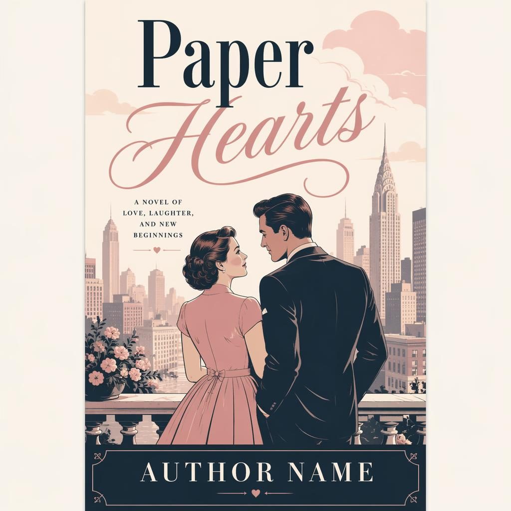 Vintage-style historical romance book cover with pastel city skyline, soft romantic mood, monochrome contrast, and clean placeholder text.