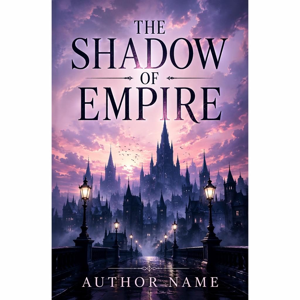 Print-ready book cover with a dark city silhouette, pastel fantasy tones, and clean title and author placeholder text.