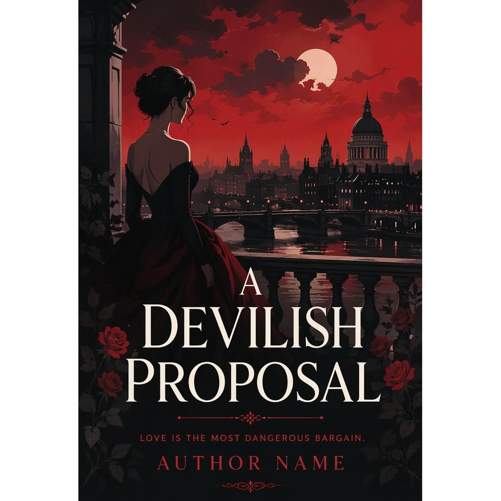 Illustrated historical fiction book cover with city skyline, dark black and red palette, mysterious mood, and clean title text.