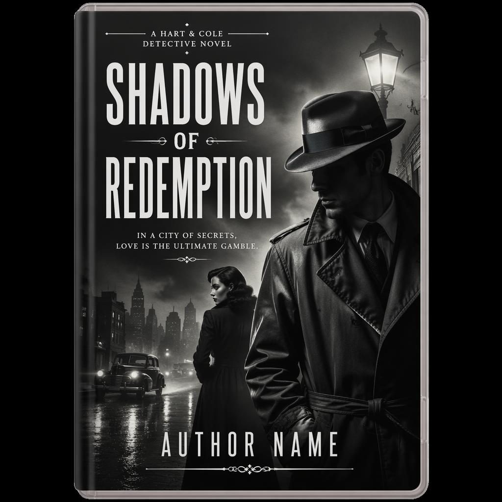 Black and white noir detective book cover in 5:8 portrait format with vintage typography placeholders and romantic soft mood