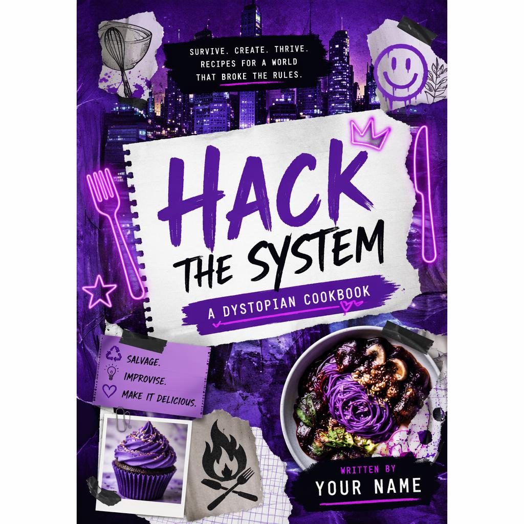Print-ready 5:8 book cover with neon collage design, royal purple palette, playful whimsical mood, and sharp title placeholder text.