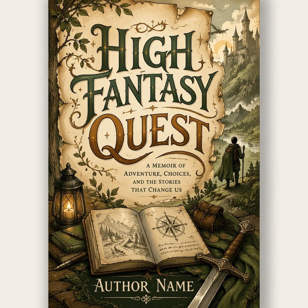 5:8 portrait book cover with hand-lettered title and author placeholder text, warm sage and parchment fantasy design