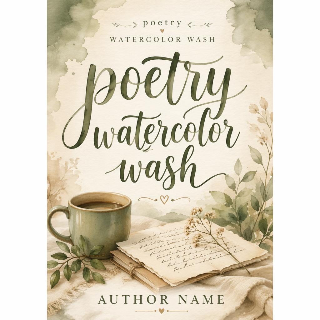 Romance poetry book cover with watercolor wash, hand-lettered title and author placeholders, sage and parchment palette.
