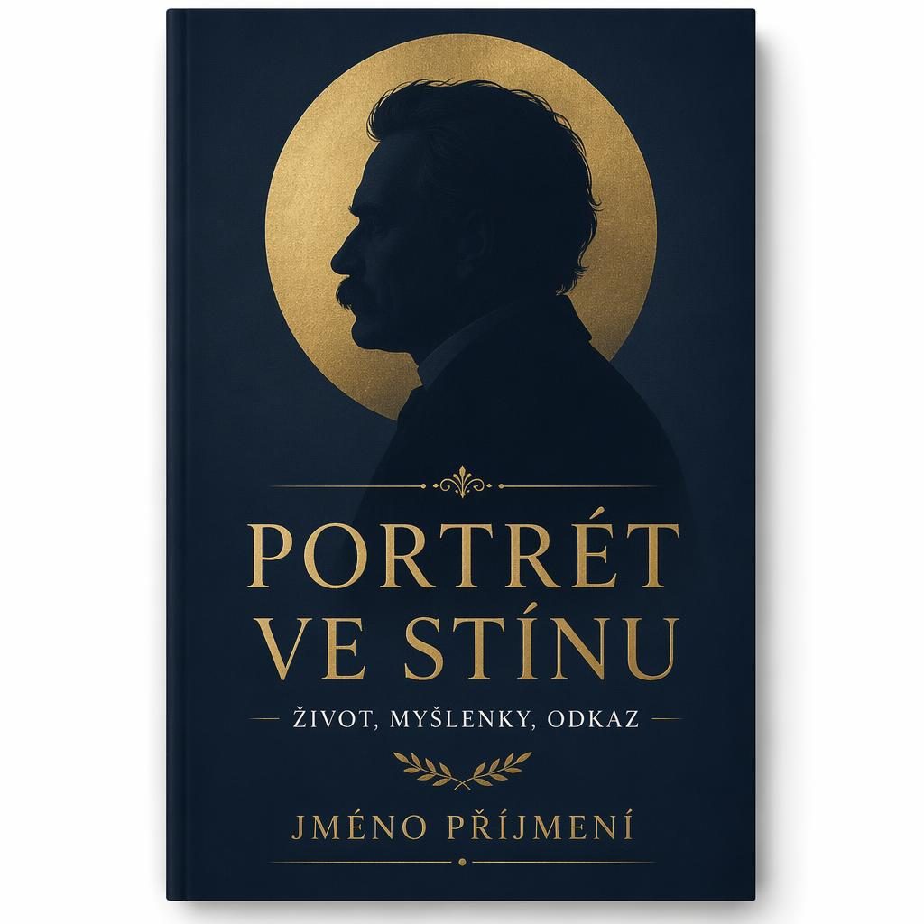 Minimalistický knižní přebal biografie s portrétem ve stínu, tmavě modrou a zlatou paletou a čistou typografií