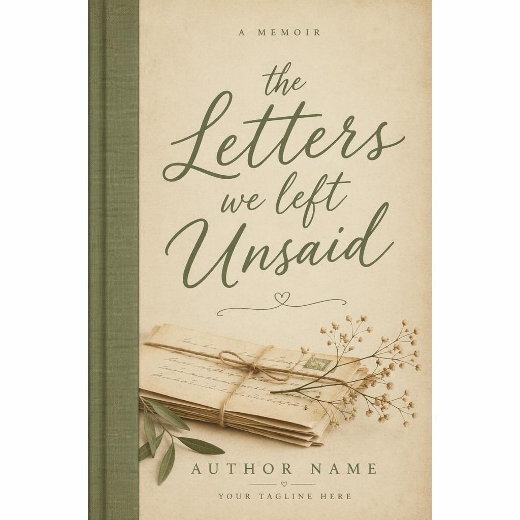 Minimalist memoir romance book cover with hand-lettered title and author text, warm sage and parchment palette, cozy vintage feel.