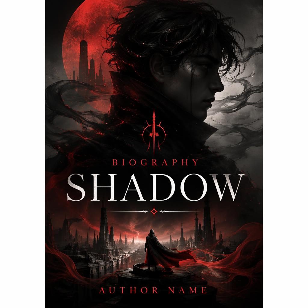 Illustrated sci-fi book cover with a shadowed biography portrait, black and red palette, and clean placeholder title text.