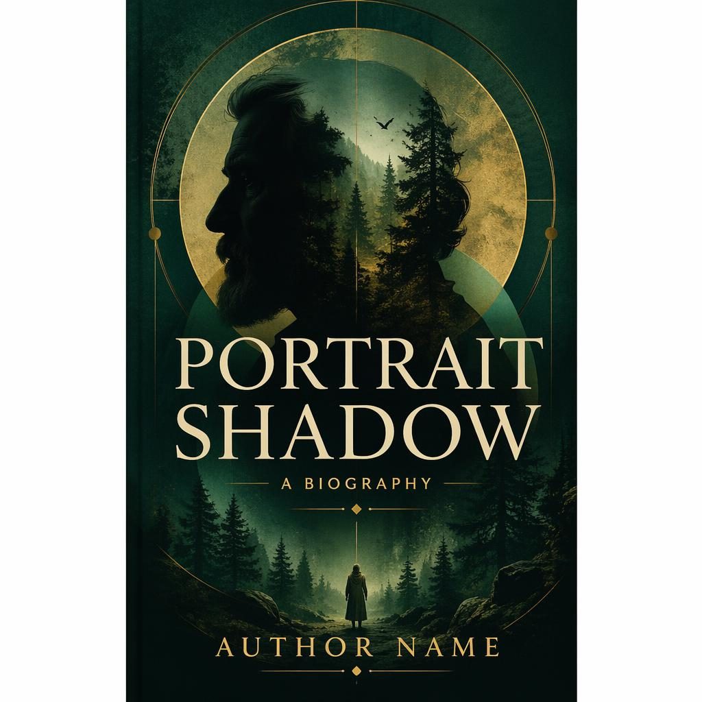 Print-ready fantasy book cover with a shadowed biography portrait, bold geometric shapes, and a deep green forest palette.