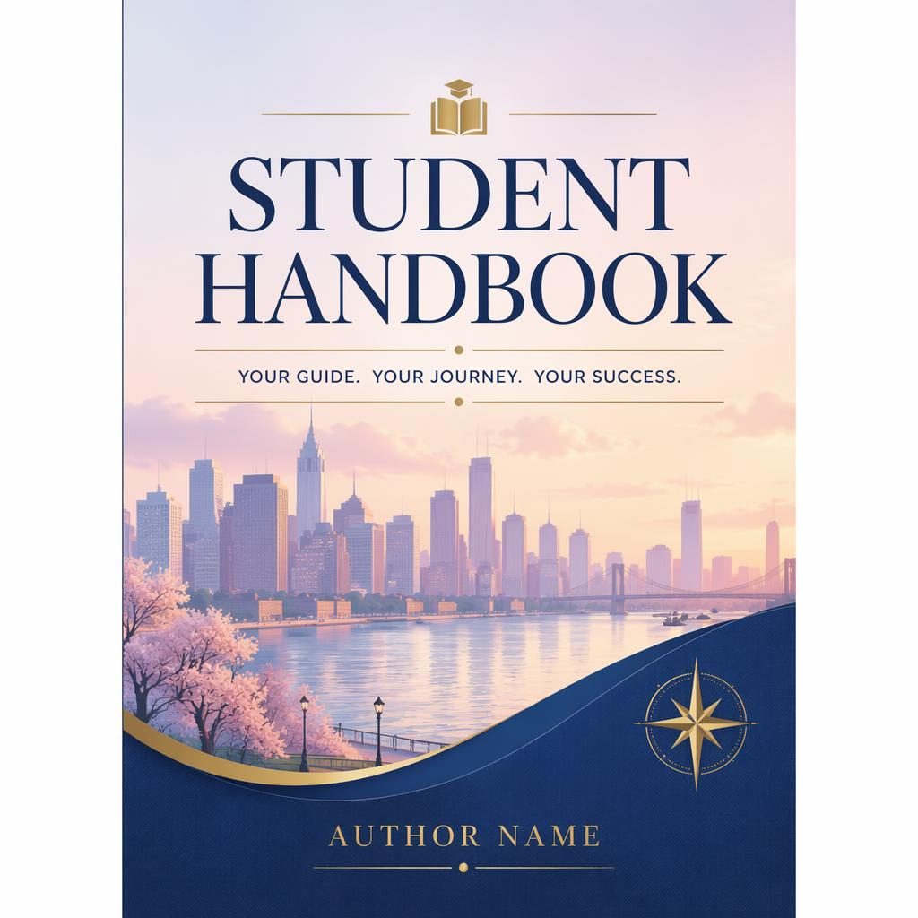 Minimalist 5:8 book cover with muted navy and gold city skyline, pastel accents, and clean title and author placeholders.