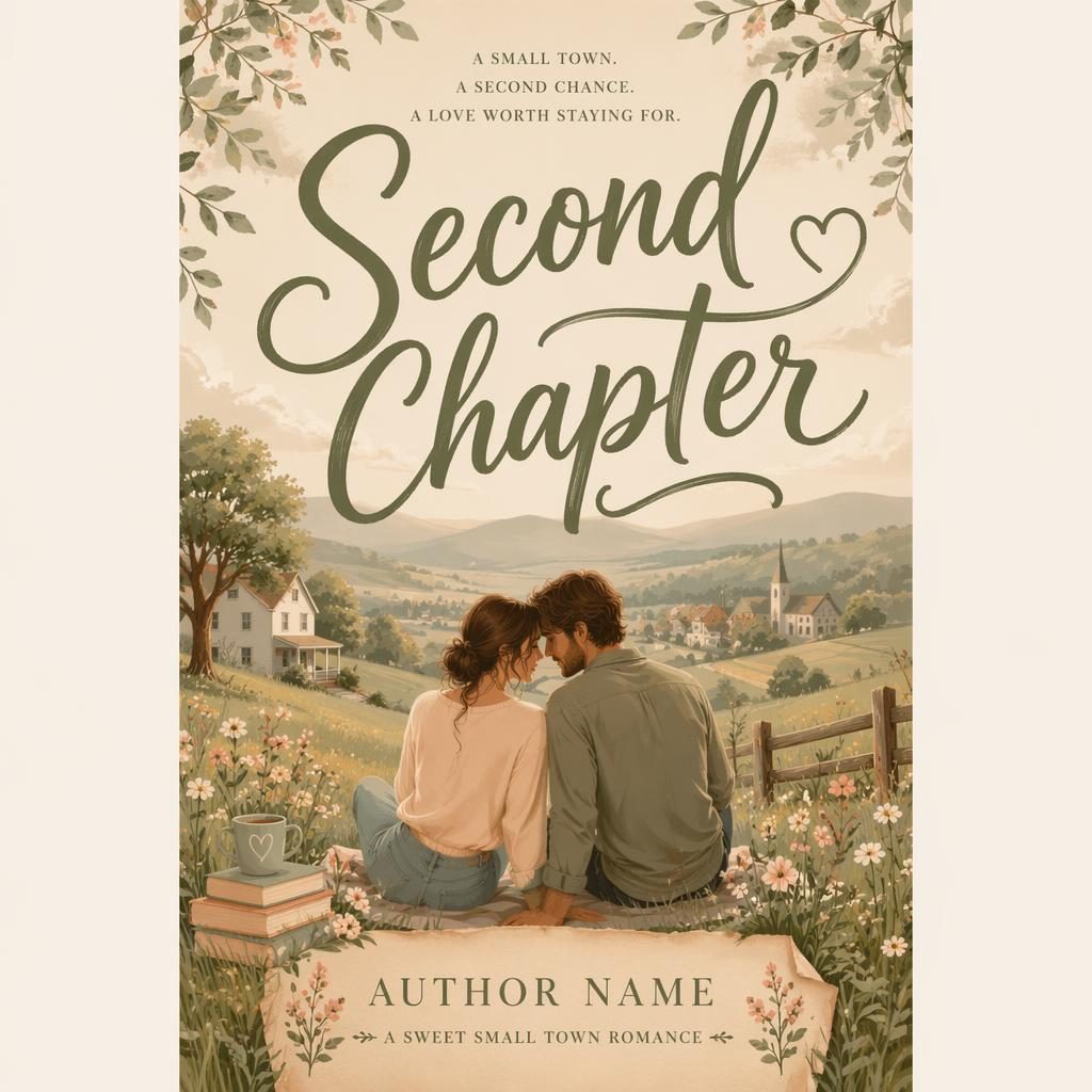Romance book cover with a pastel countryside scene, hand-lettered title and author placeholder, sage and parchment tones.