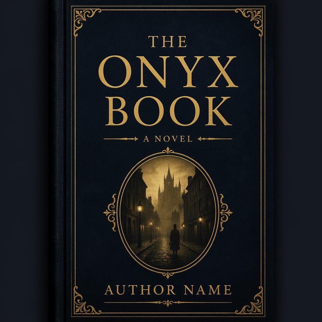Minimalist horror book cover in muted navy and gold with sepia historical symbolism and clean title placeholder text.