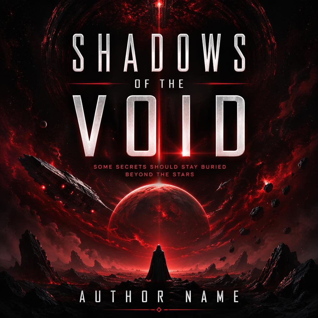 Illustrated sci-fi book cover with dark space scene, black and red palette, and clean title and author placeholder text.