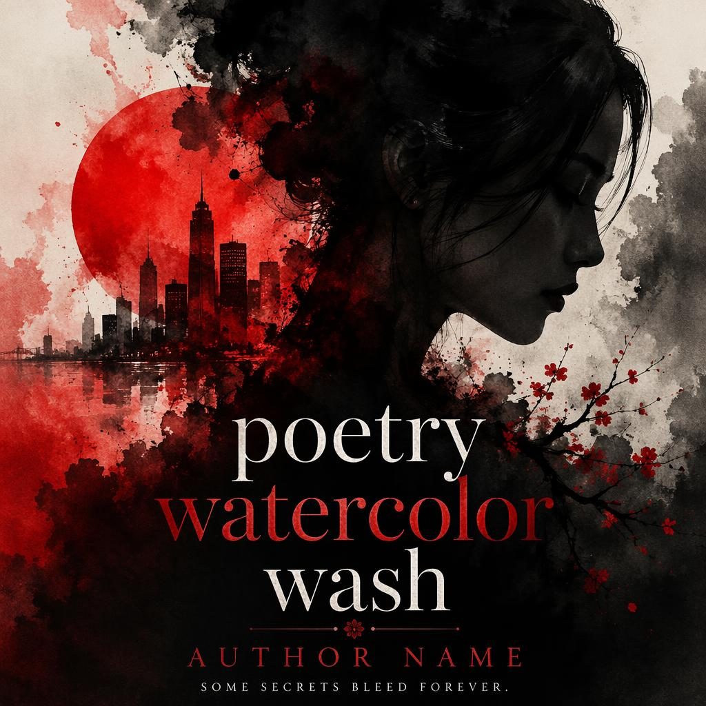 Illustrated full-bleed mystery thriller book cover with black and red watercolor wash, sharp title and author placeholders.