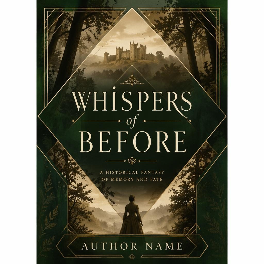 Sepia-toned fantasy book cover with bold geometric layout, deep green forest accents, and clean title-author placeholder text.